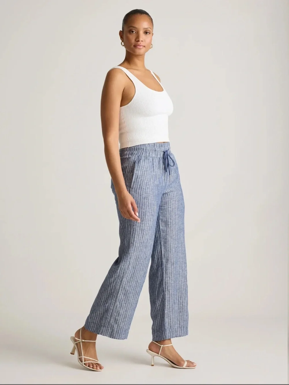 Quince 100% European Linen Wide Leg Pants In Striped Chambray Size Medium